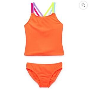 Girls Everyday Double Strap Tankini Swimsuit Set  UPF 50+ Orange Size L 10/12
